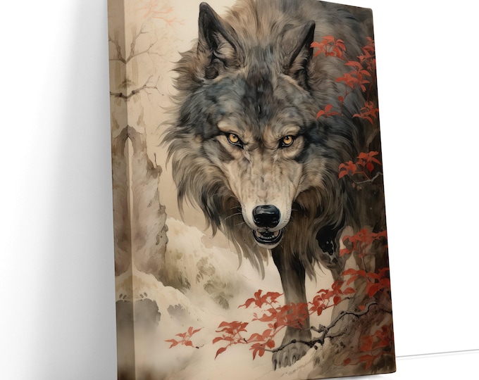 Wolf Canvas Print Rustic Cabin Wall Art – Taupe & Burnt Red Forest Painting, Japandi Woodland Decor for Living Room, Man Cave, Gift for Dad