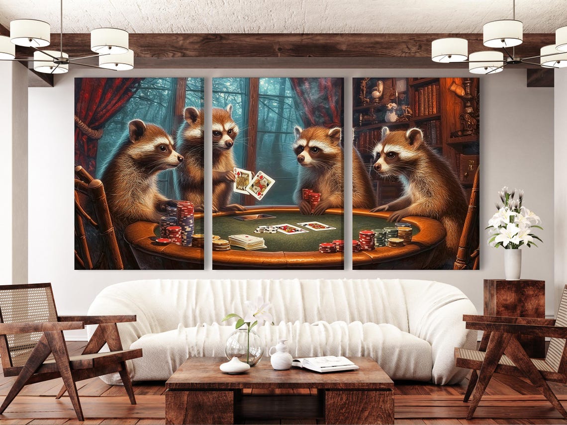 Room mockup showing a raccoon poker artwork above a wooden sideboard