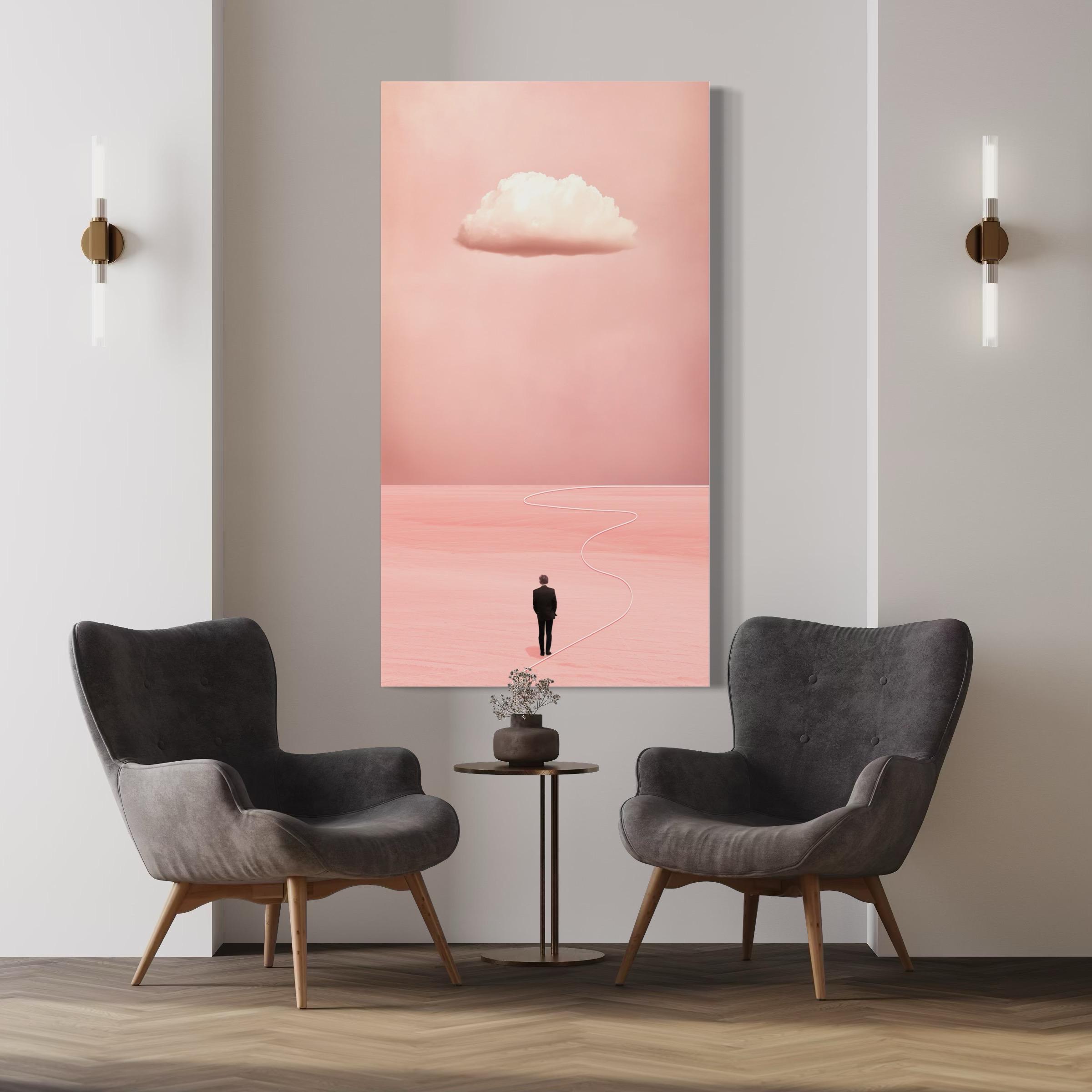 Room mockup showing blush pink cloud artwork above two red armchairs