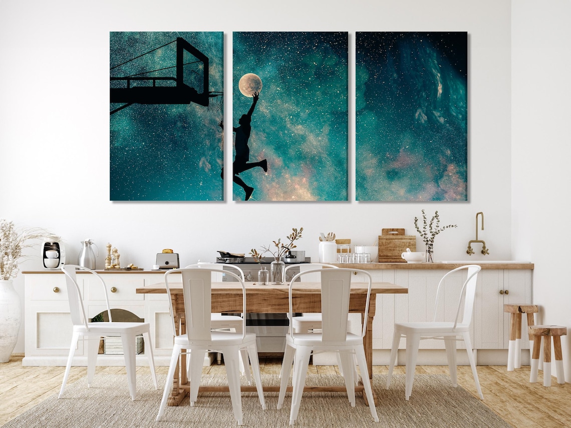 Moonlit basketball dunk scene with a silhouetted player near a hoop against a starry teal night sky detail view