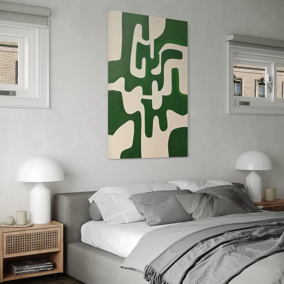 Modern living room with a vertical emerald green and off-white abstract artwork above a white sideboard