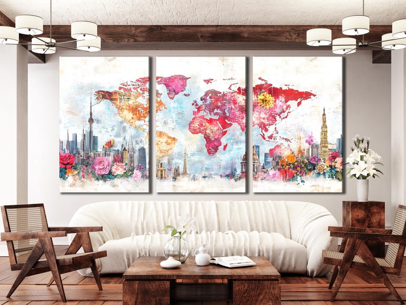 World map with colourful continents, city skyline towers, and bright flowers