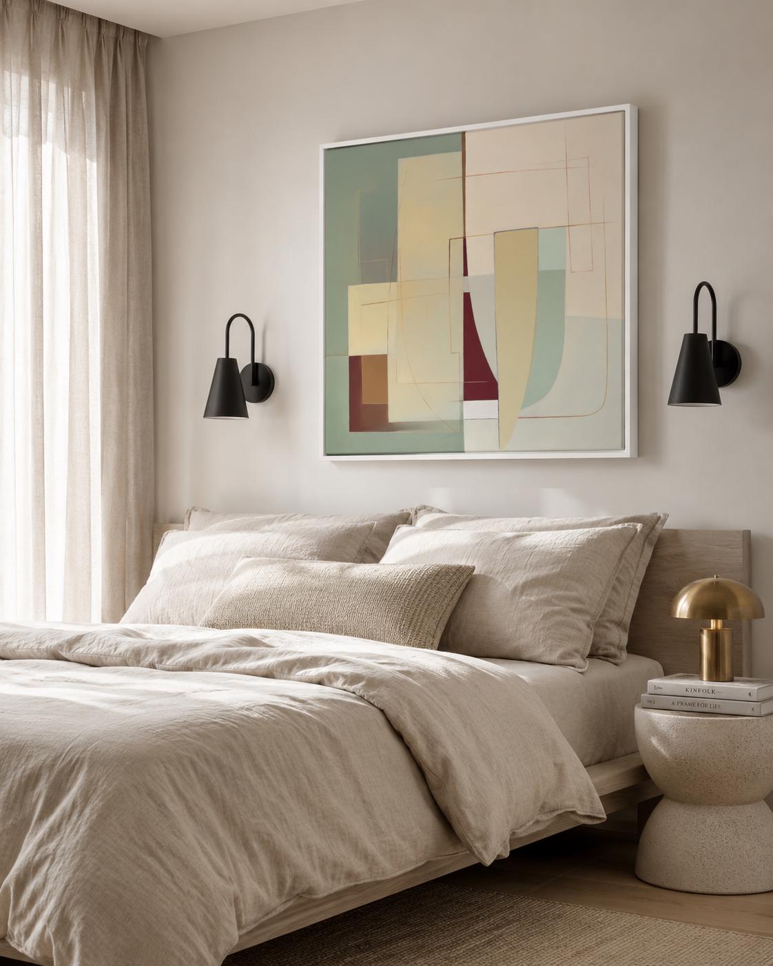 A framed abstract geometric composition combines muted sage and terracotta blocks with cream and burgundy lines in a balanced, mid-century style