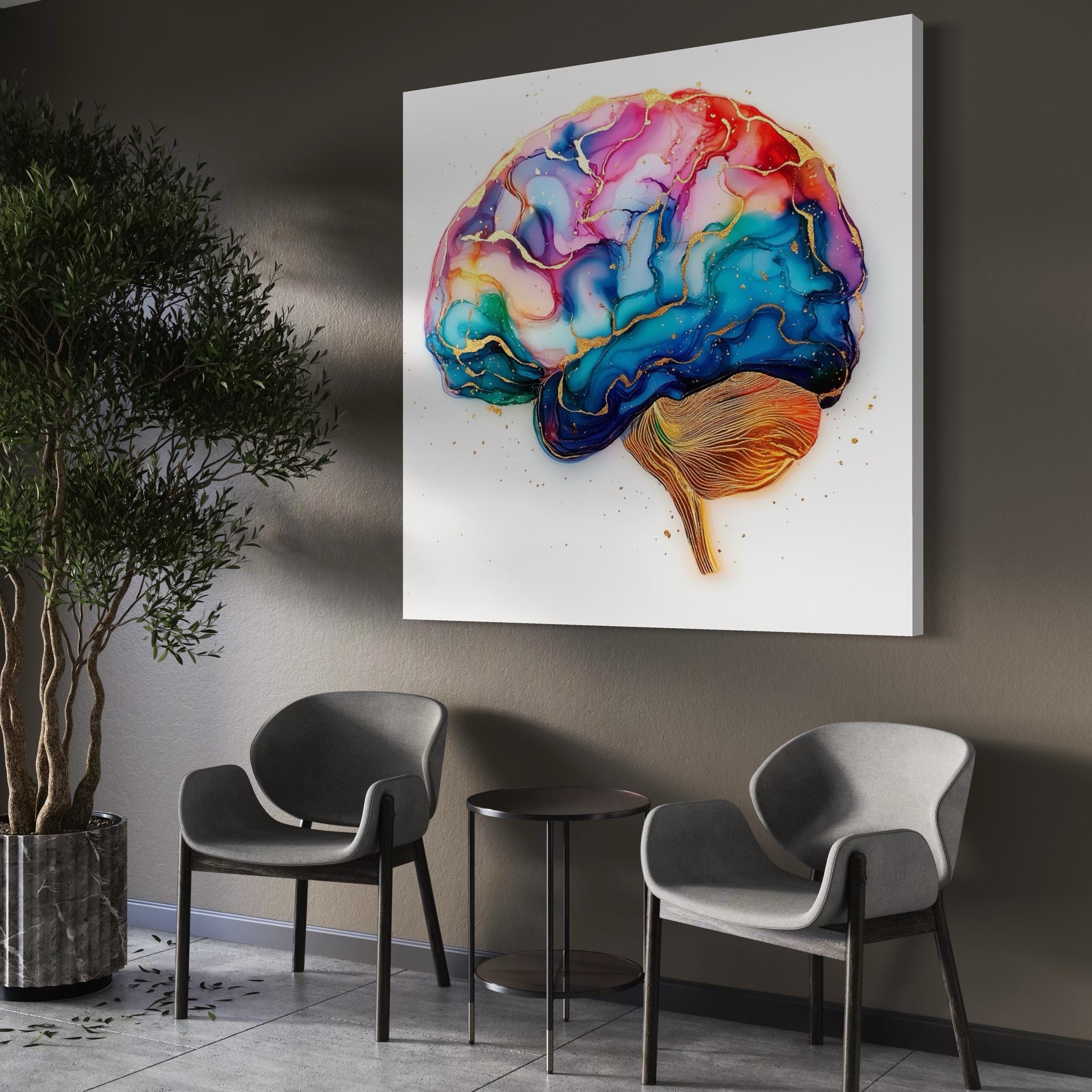 Room mockup showing a wall with a colourful abstract brain artwork above a bench