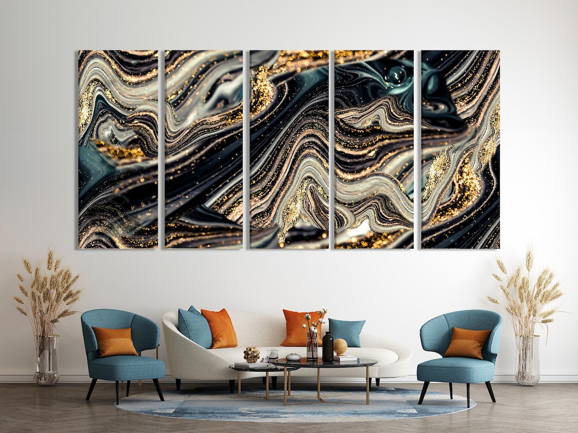 Three-panel abstract marble swirls in black, teal and grey with gold flecks and streaks detail view