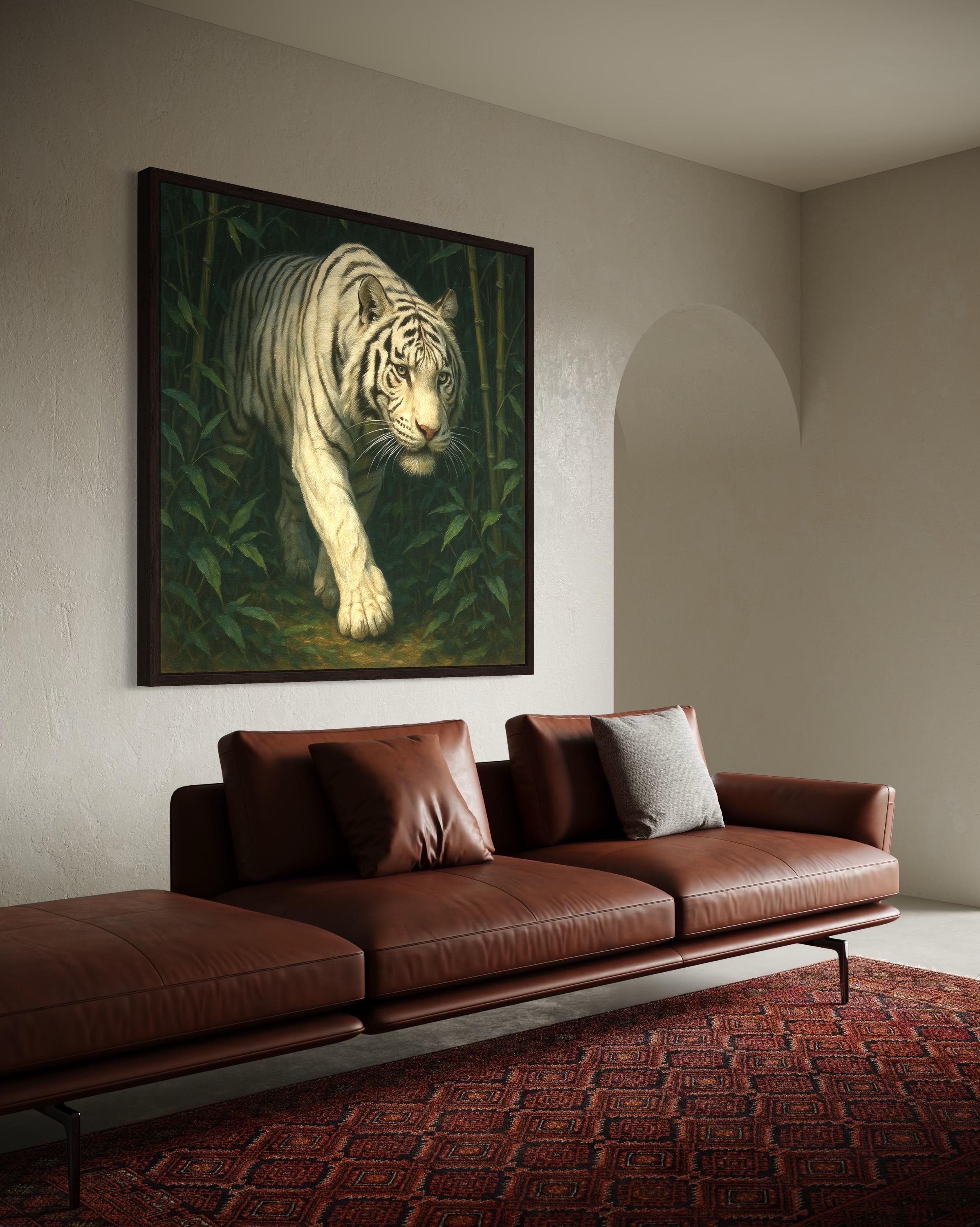 Wall mockup with a framed white tiger jungle painting above a bench in front of teal scale-pattern wallpaper