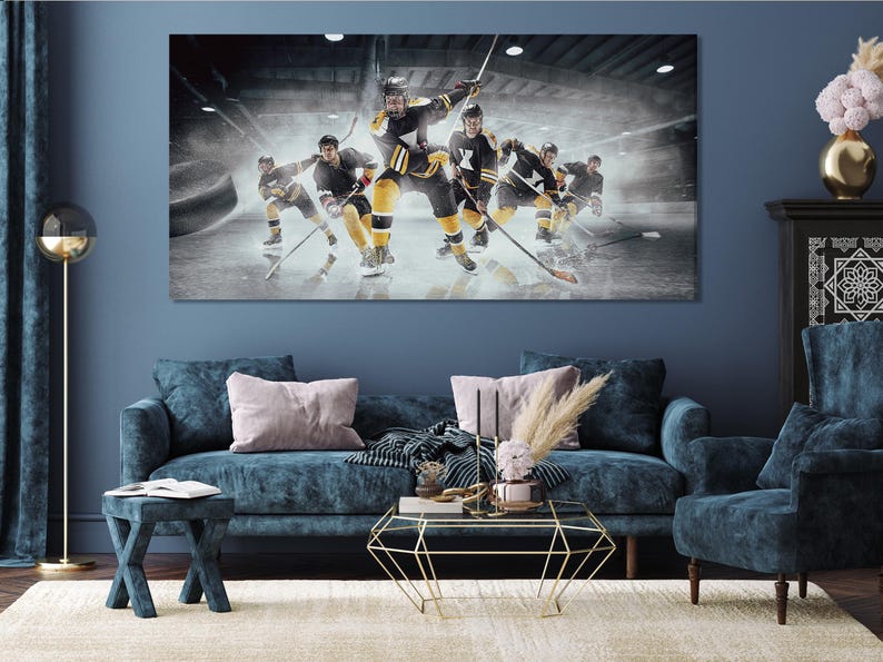 Dynamic ice hockey players skating on a dim arena rink with icy spray and motion blur