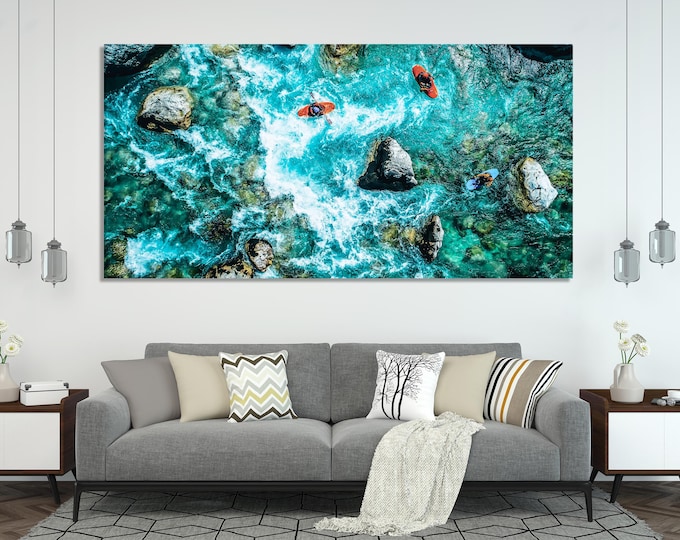 Soca River Kayakers Canvas Print, Aerial View Wall Art, Whitewater Rafting Landscape, Large Adventure Artwork, Slovenia River Scene Decor