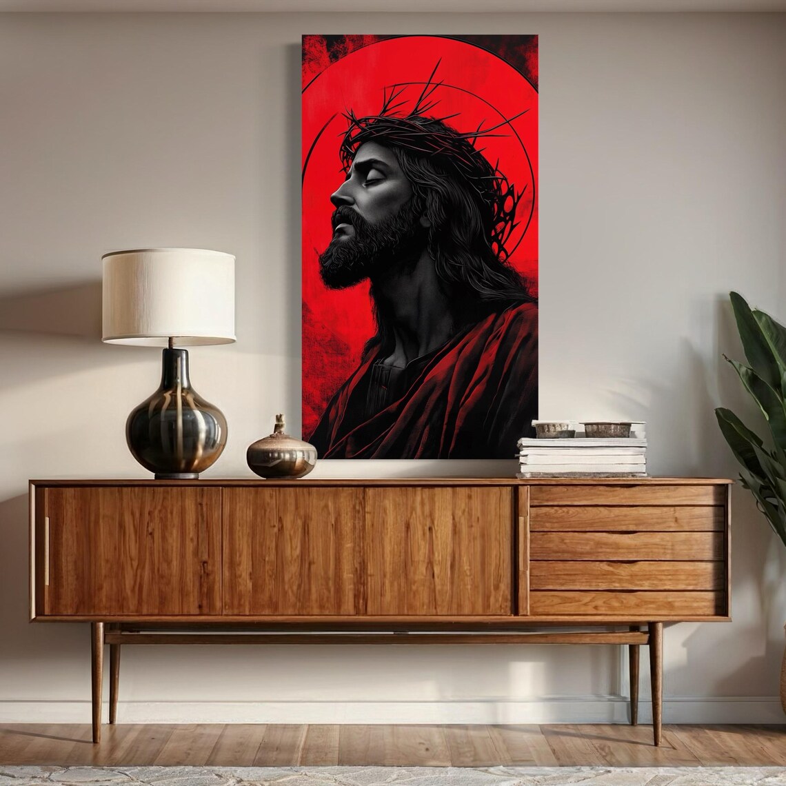 Religious Jesus portrait artwork displayed on a wall in a modern room with white curtains and pendant lights