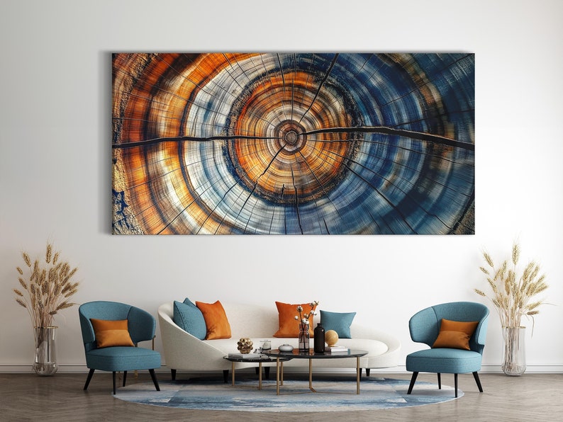 Tree ring abstract with concentric circles radiating in navy blue and orange from a dark centre
