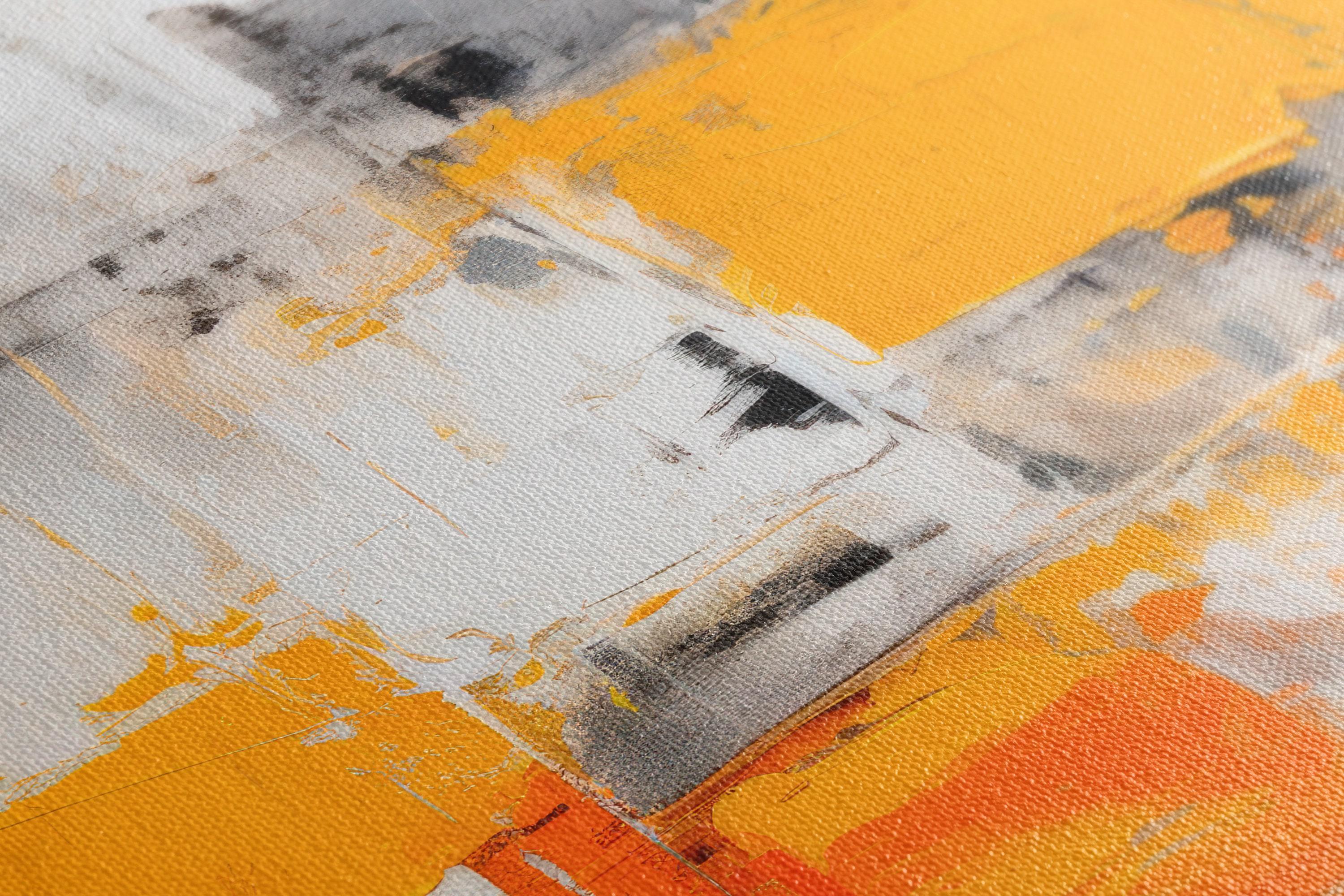 An abstract city-block style collage of white, grey and black shapes is overlaid with bright yellow and orange blocks, accented by scumbled