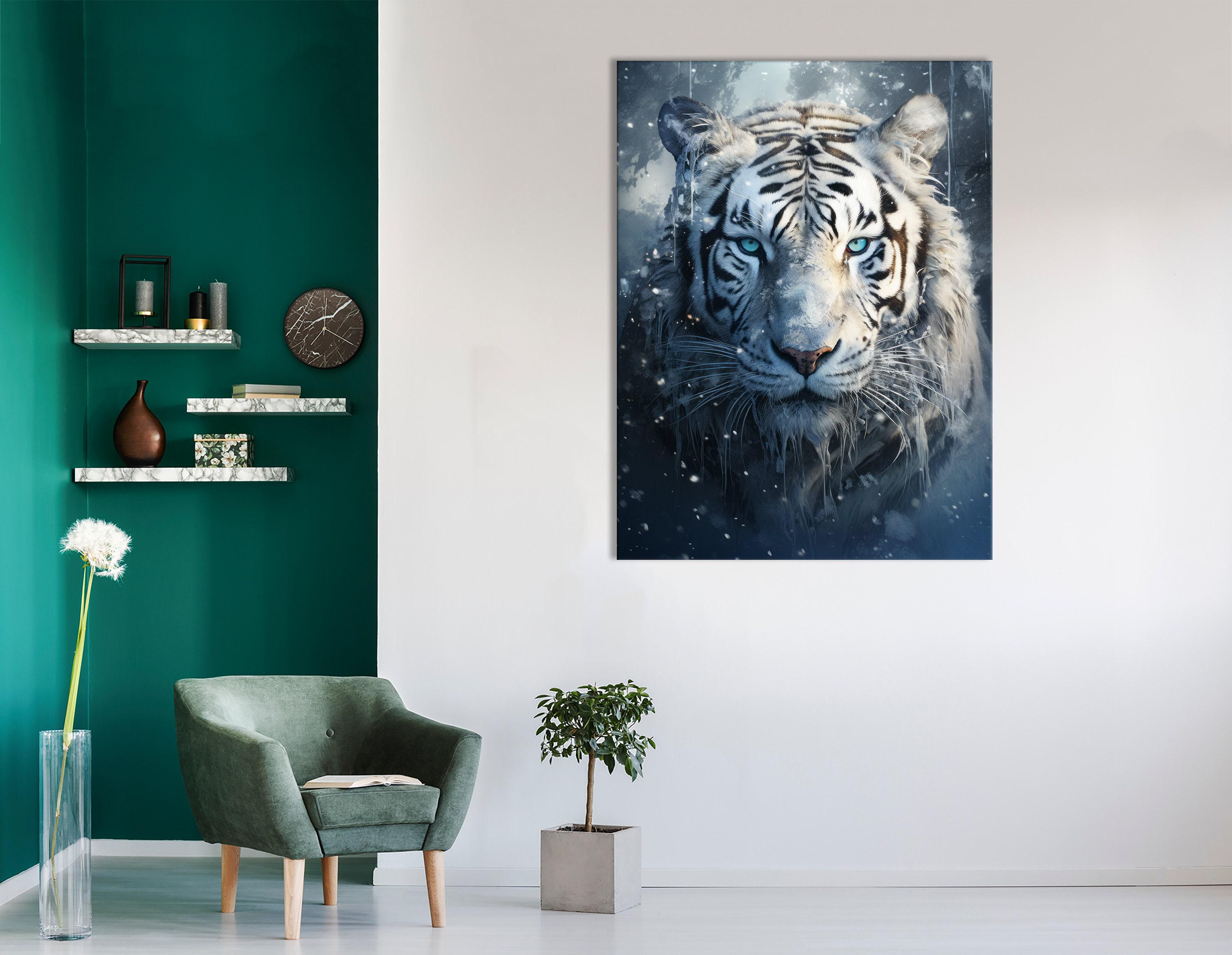 White tiger portrait with blue eyes and falling snow flecks on a dark icy blue background detail view
