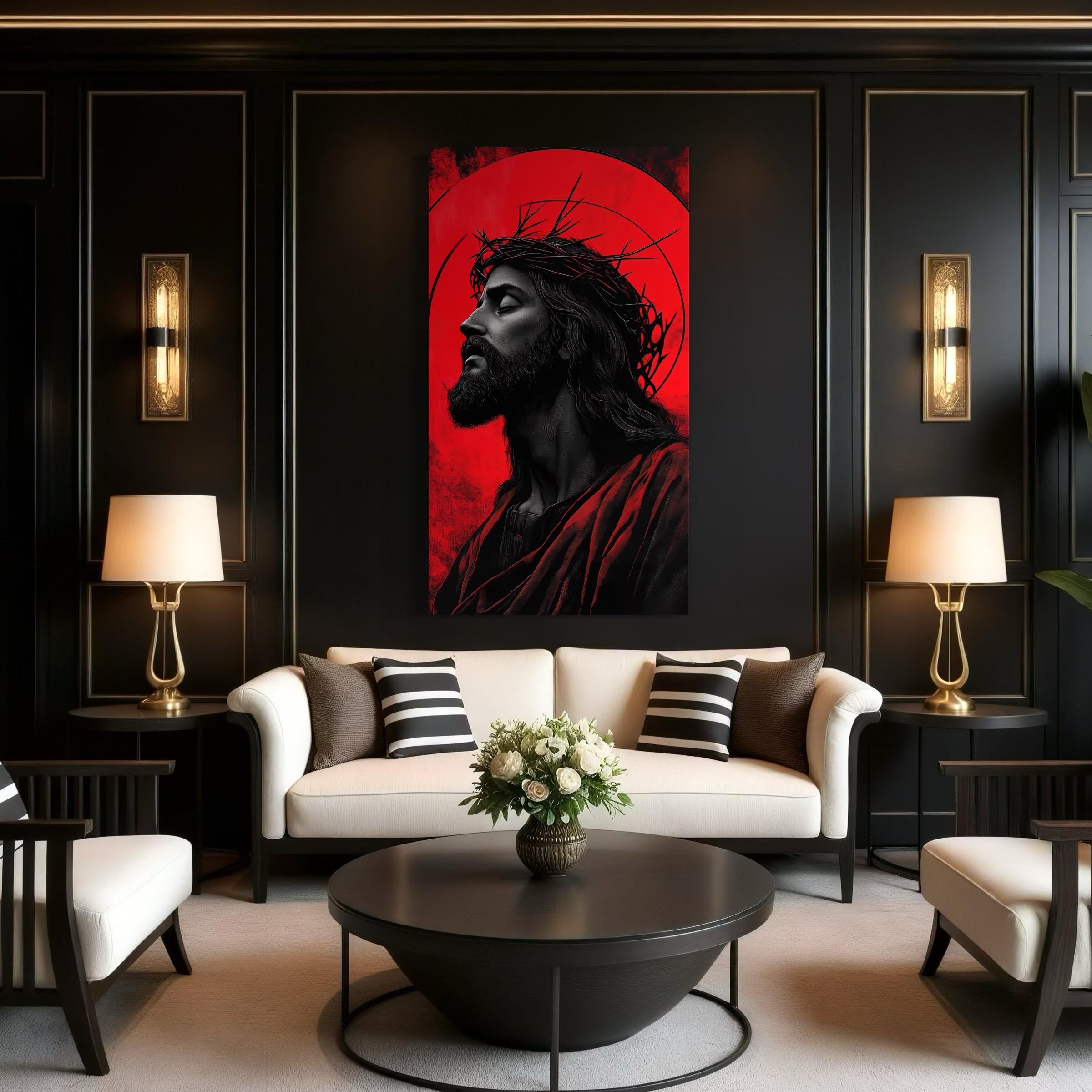 Religious Jesus portrait artwork displayed on a wall in a modern room with white curtains and pendant lights