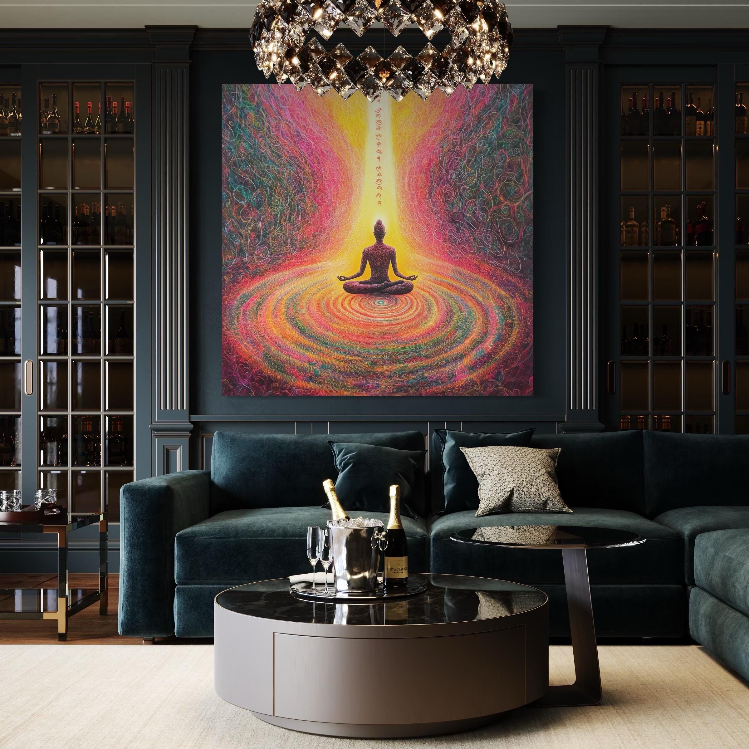 Meditation chakra energy artwork above a mantel with a pink flower vase on a console