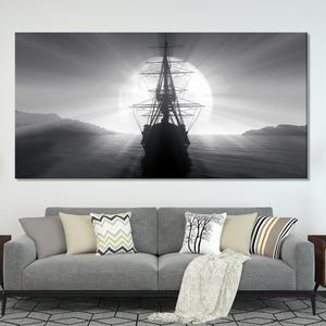 Segelschiff Leinwanddruck, Großes maritimes Kunstwerk, Schwarz-Weiß-Kunst, Vintage Piratenschiff Silhouette, Meeres-Abenteuer-Dekor