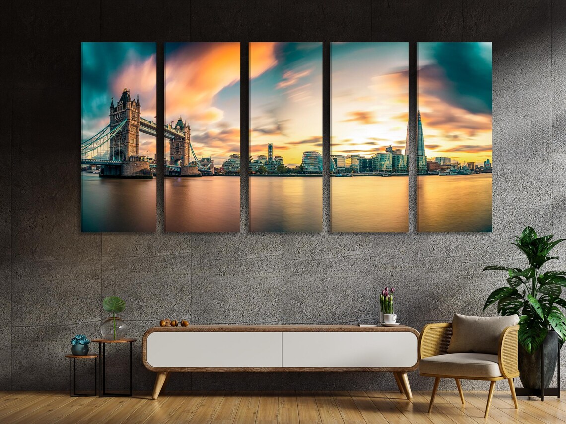 Three-panel city skyline at sunset with teal clouds and golden river reflections detail view