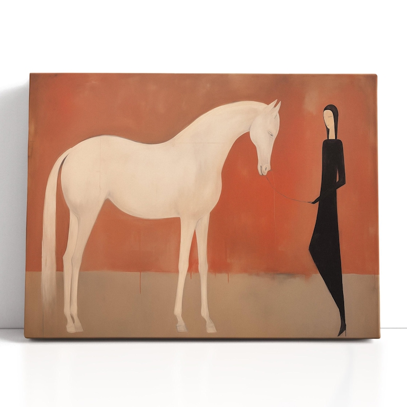 White Horse & Minimalist Woman Canvas Art – Modern Terracotta Figurative Painting, Mid-Century Boho Equine Wall Decor, Gift for Horse Lover image 2