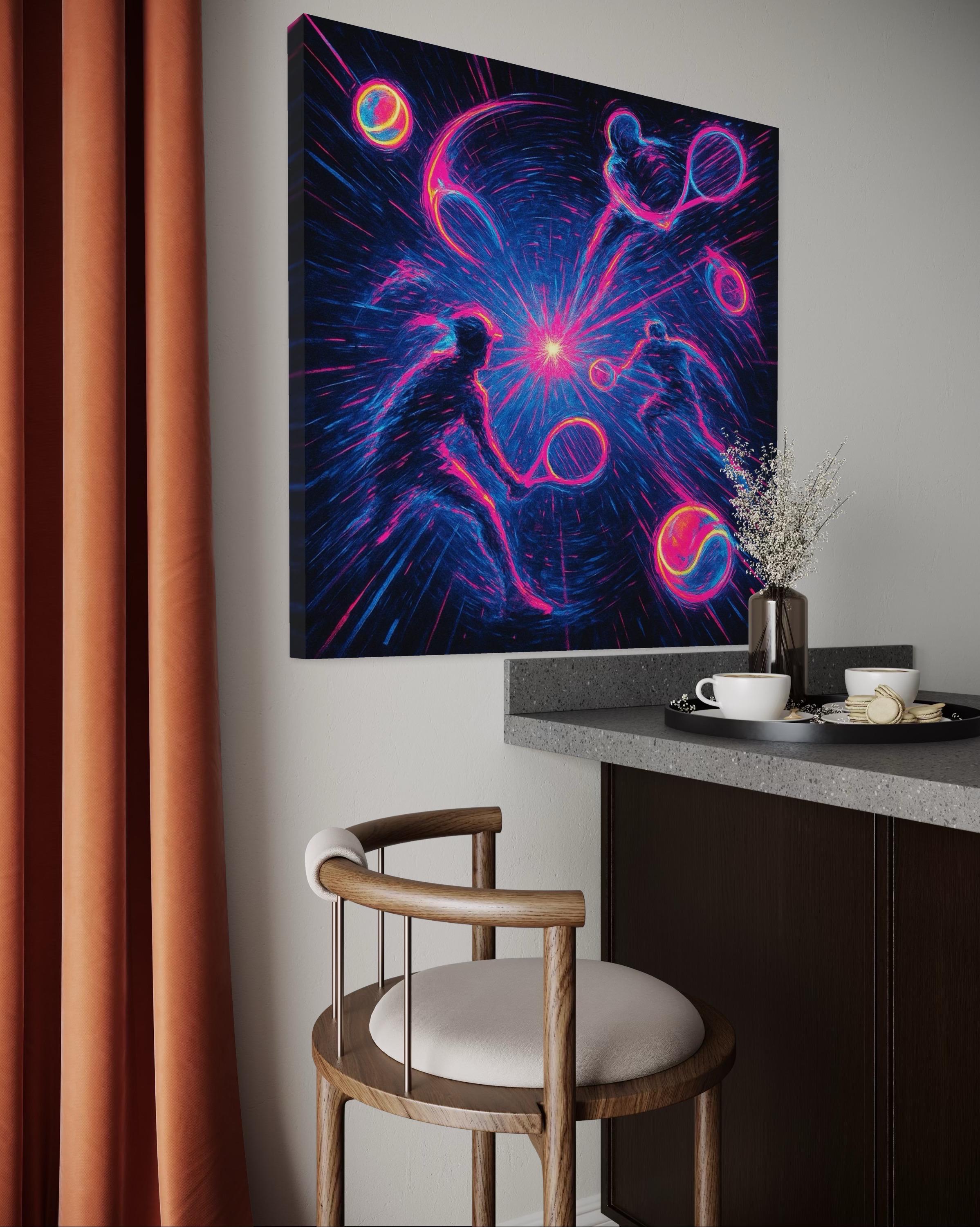 Neon tennis artwork with two silhouetted players facing a bright pink and blue starburst detail view