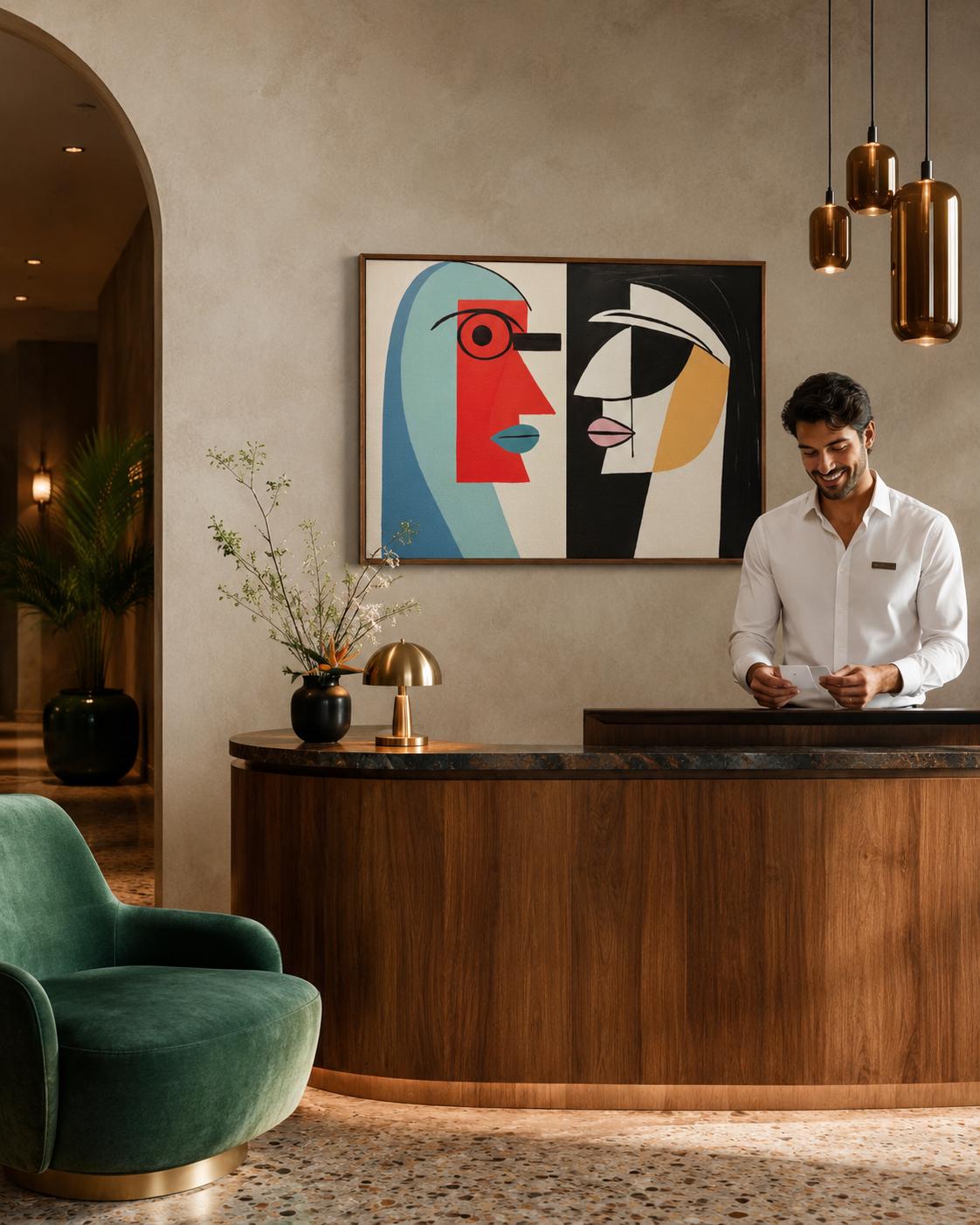 A geometric, cubist-style couple of abstract faces sits within a two-panel composition, using bold red, teal, black and white with warm ochre accents