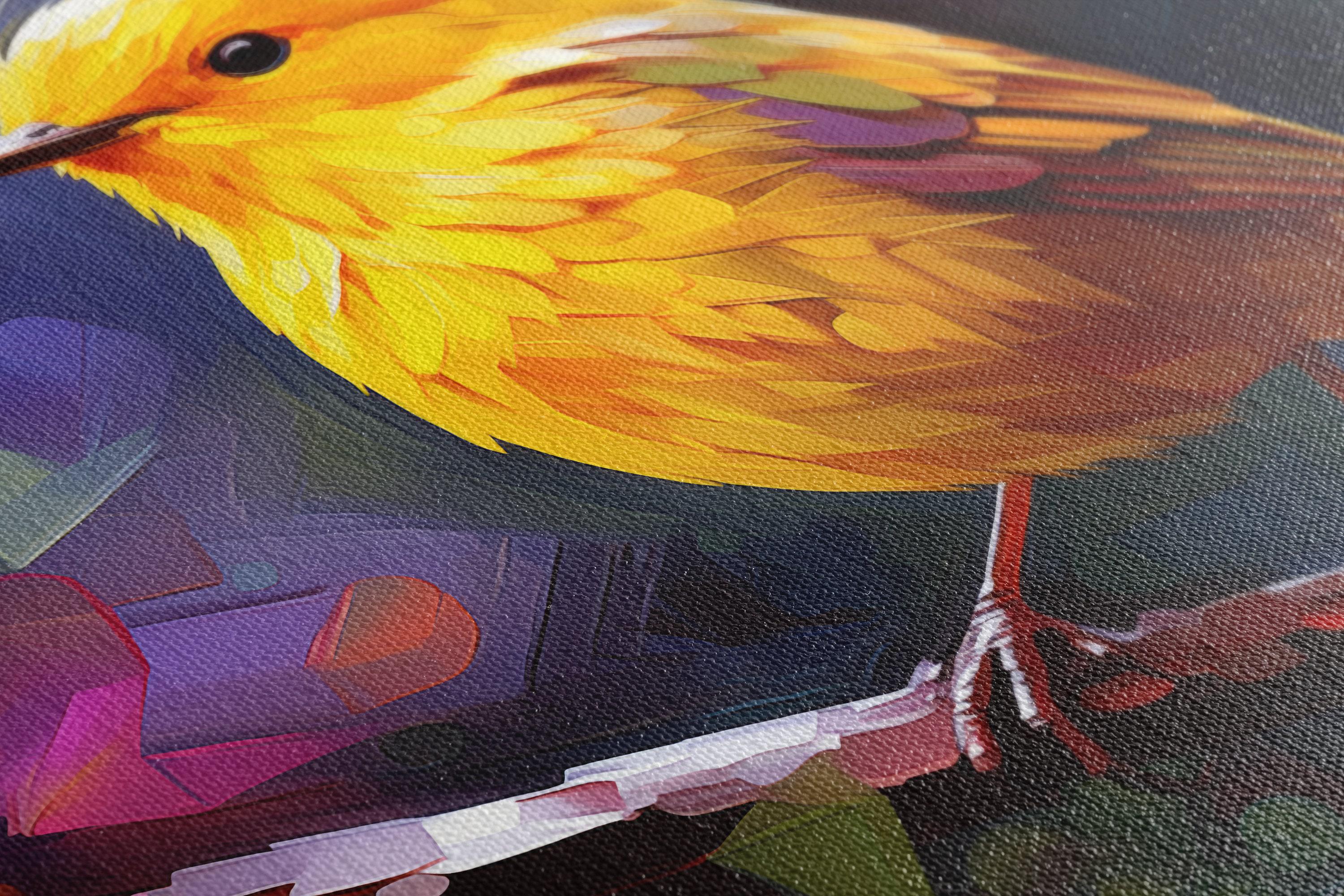Stylised yellow and orange bird portrait with layered feathers on a purple and pink geometric background detail view