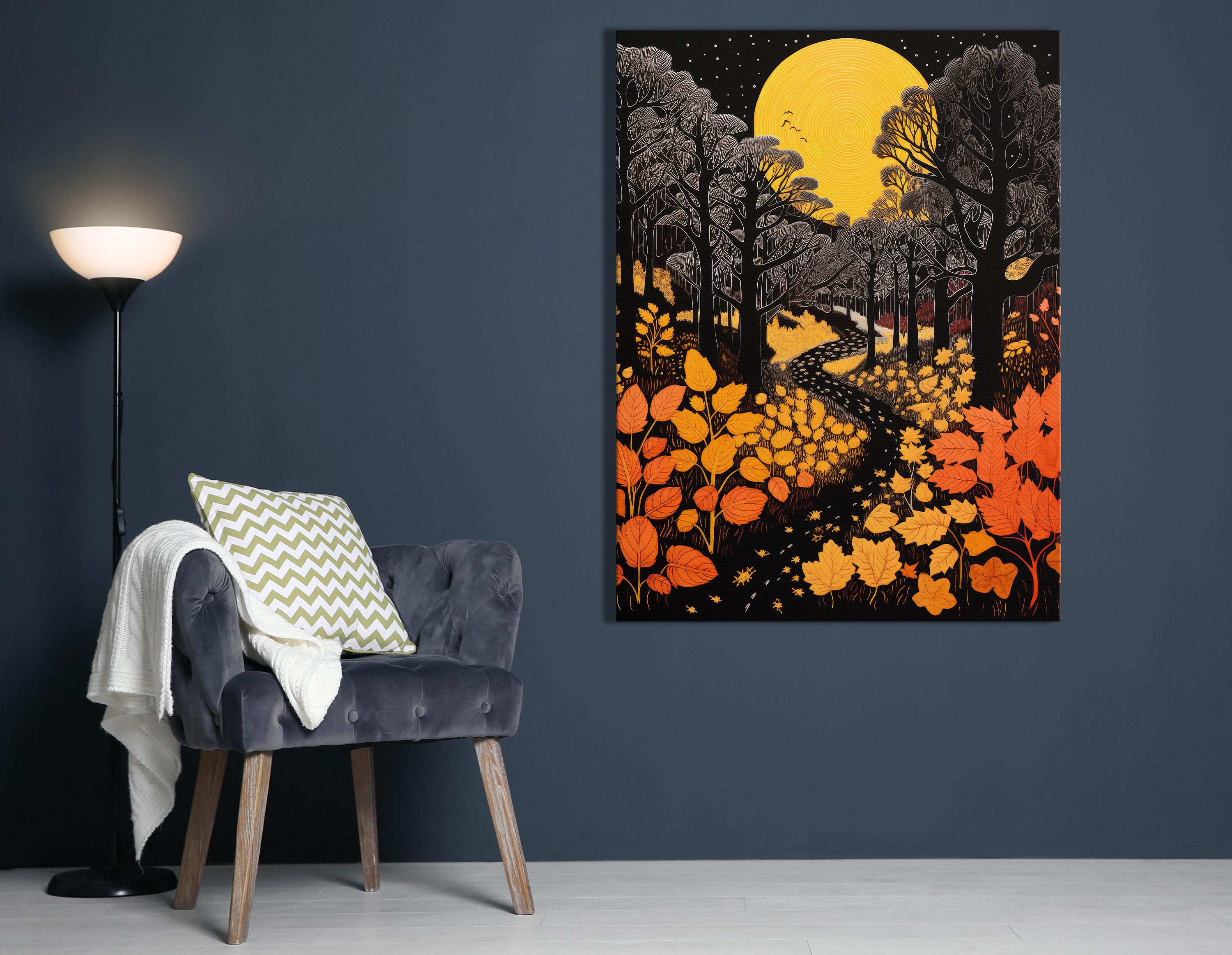 Moonlit autumn forest with glowing yellow moon, dark tree silhouettes and falling orange leaves detail view