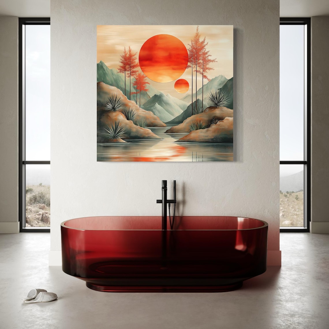Room mockup showing a bed and artwork of a mountain valley with red sunset circles above the bed