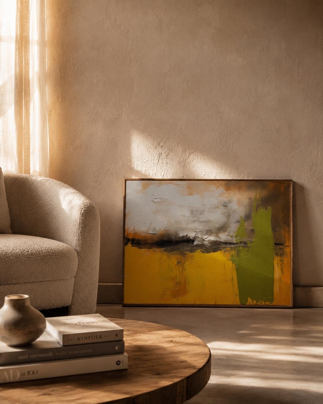 Abstract painting in mustard yellow, olive green, cream and dark charcoal with textured brush marks detail view