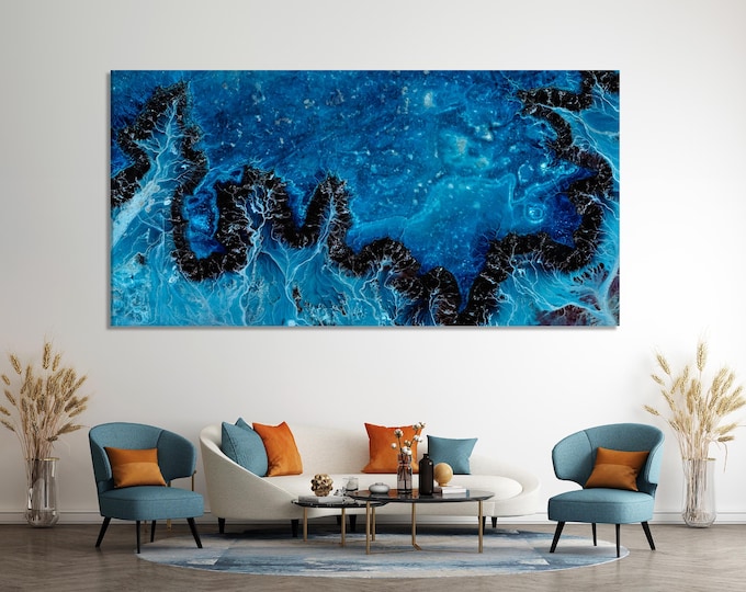 Deep Blue Abstract Canvas Print – Modern Marble Wall Art, Ocean Themed Art, Contemporary Wall Decor for Living Room , Blue Abstract Prints