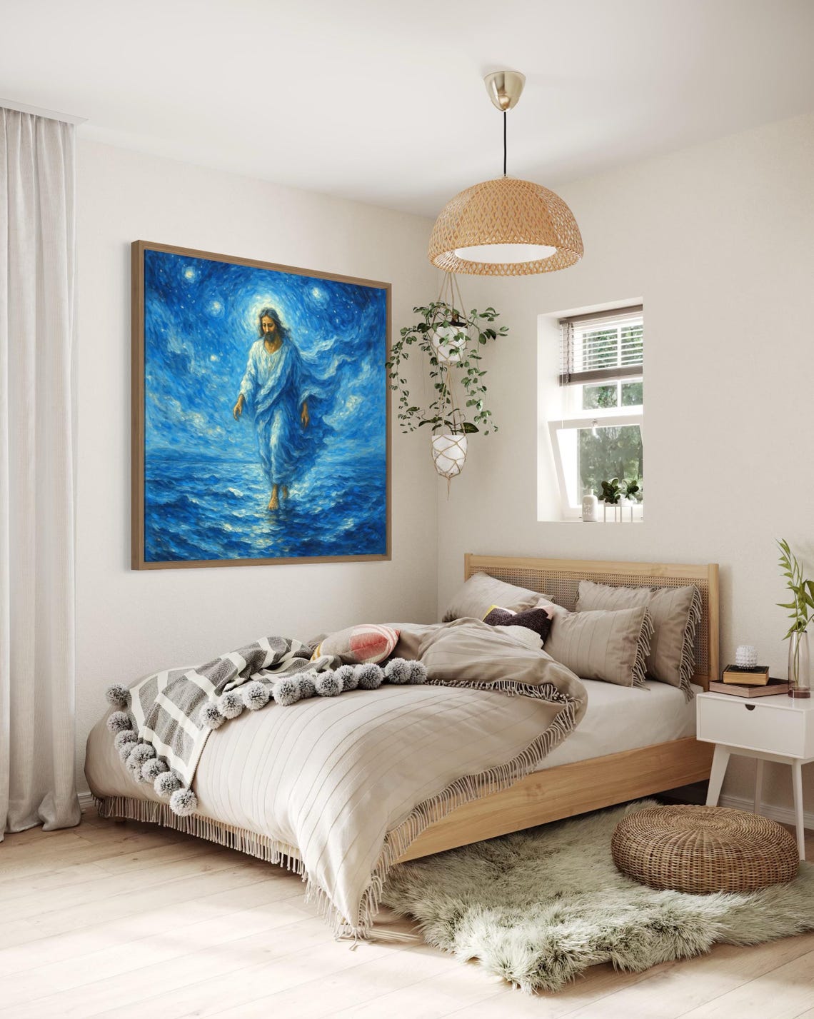 Jesus walking on water artwork on a wall above a bed in a bright room