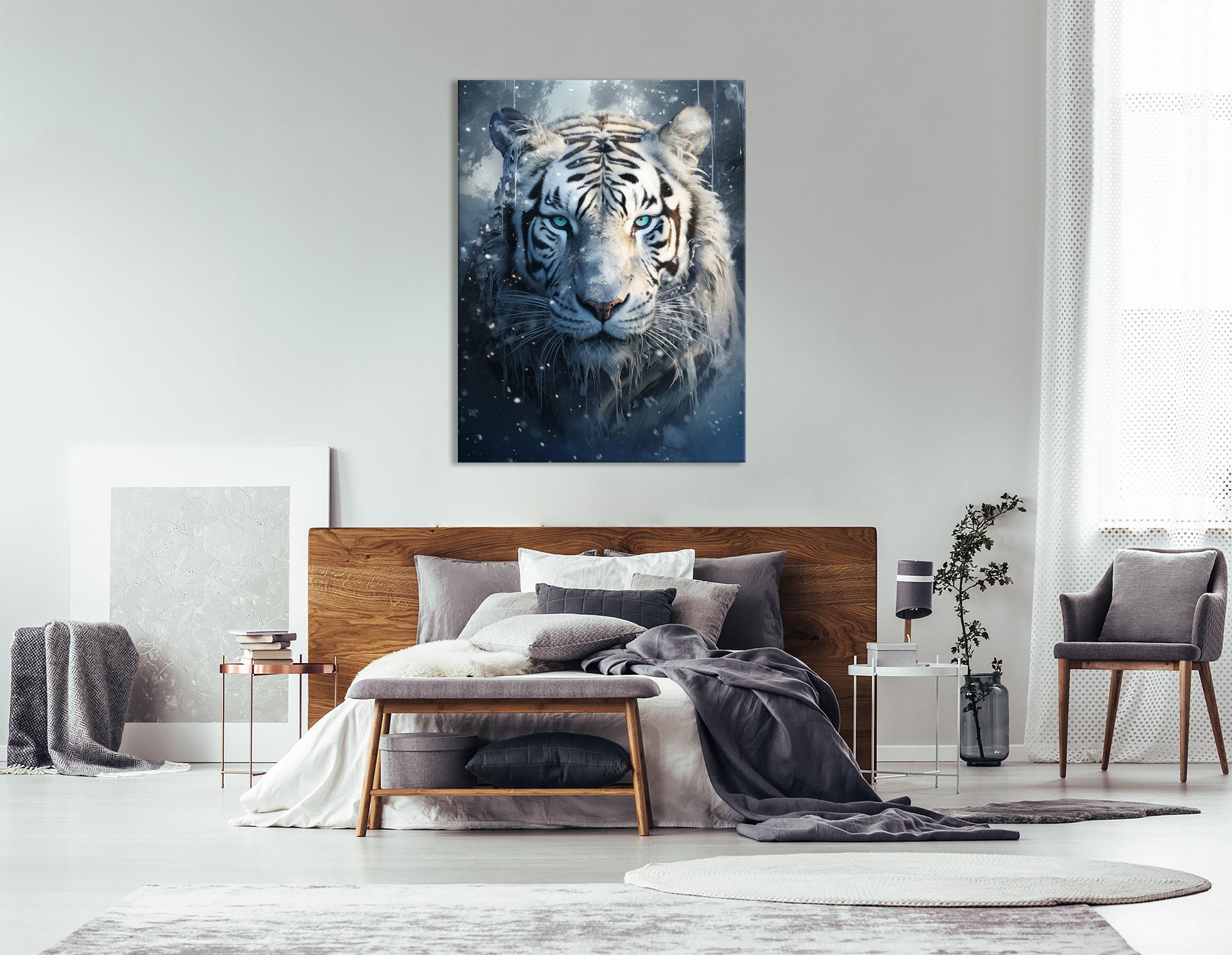 White tiger portrait with blue eyes and falling snow flecks on a dark icy blue background detail view