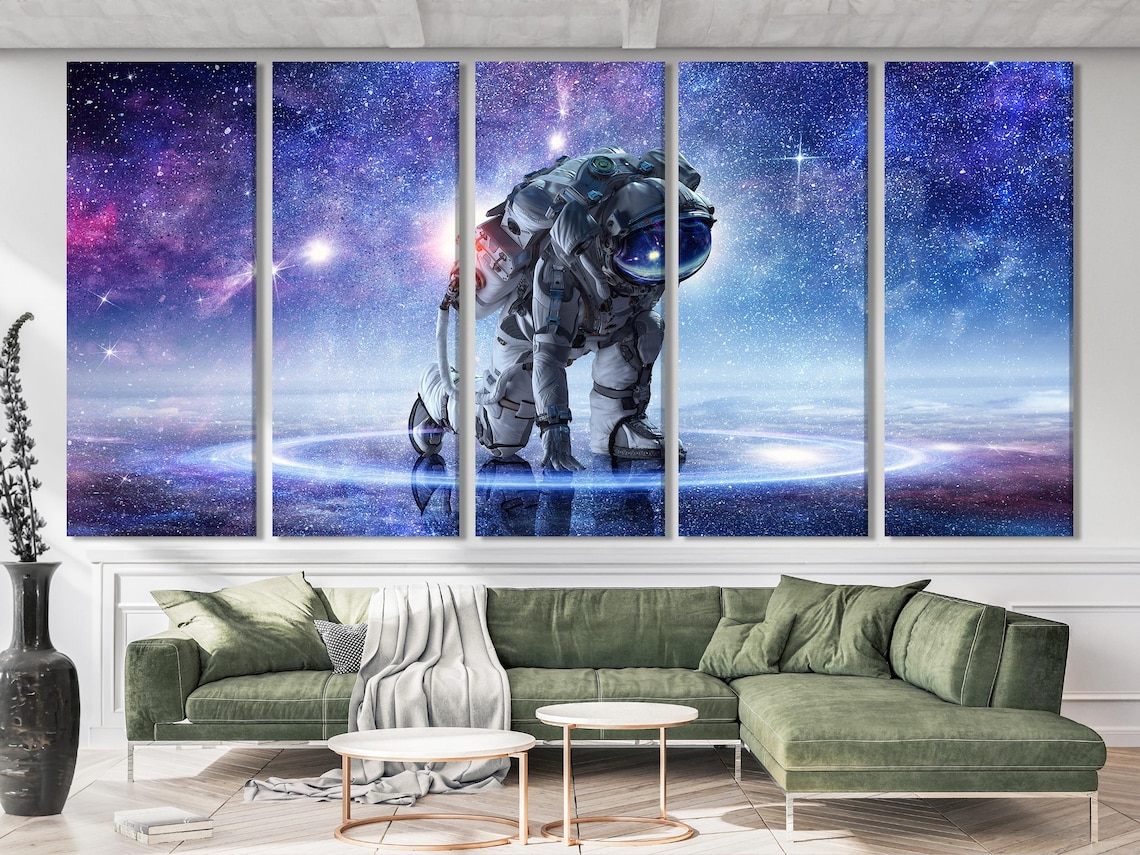 Three-panel space artwork with an astronaut standing in a starry galaxy with glowing purple-blue horizon detail view