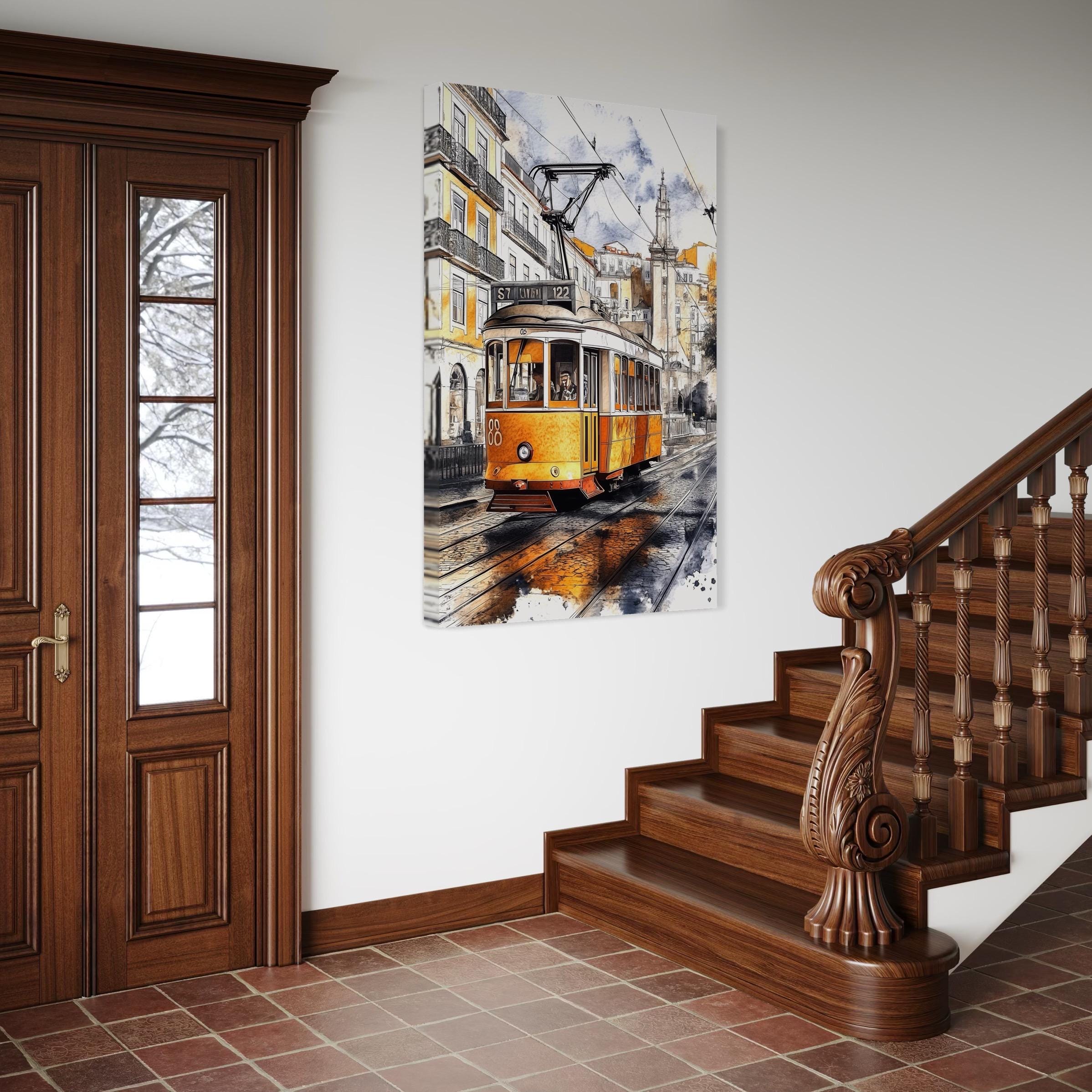 Artwork of a yellow tram cityscape hanging above chairs and a table in a bright room