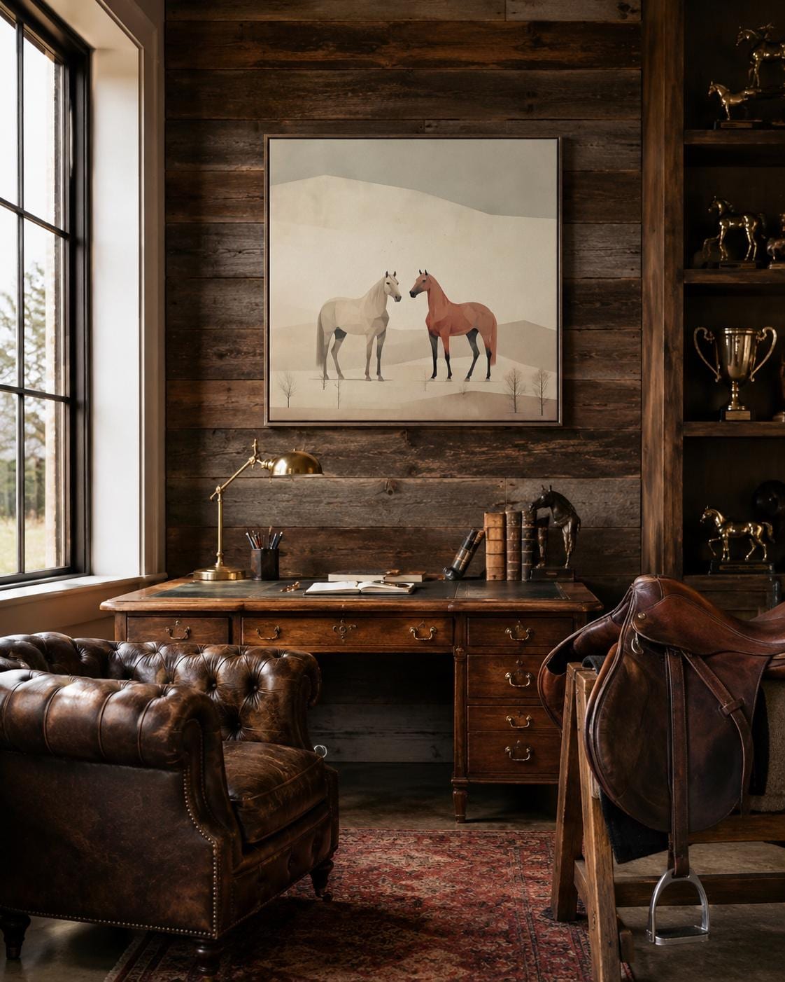 People holding wine near a framed minimalist desert horse artwork on a wall
