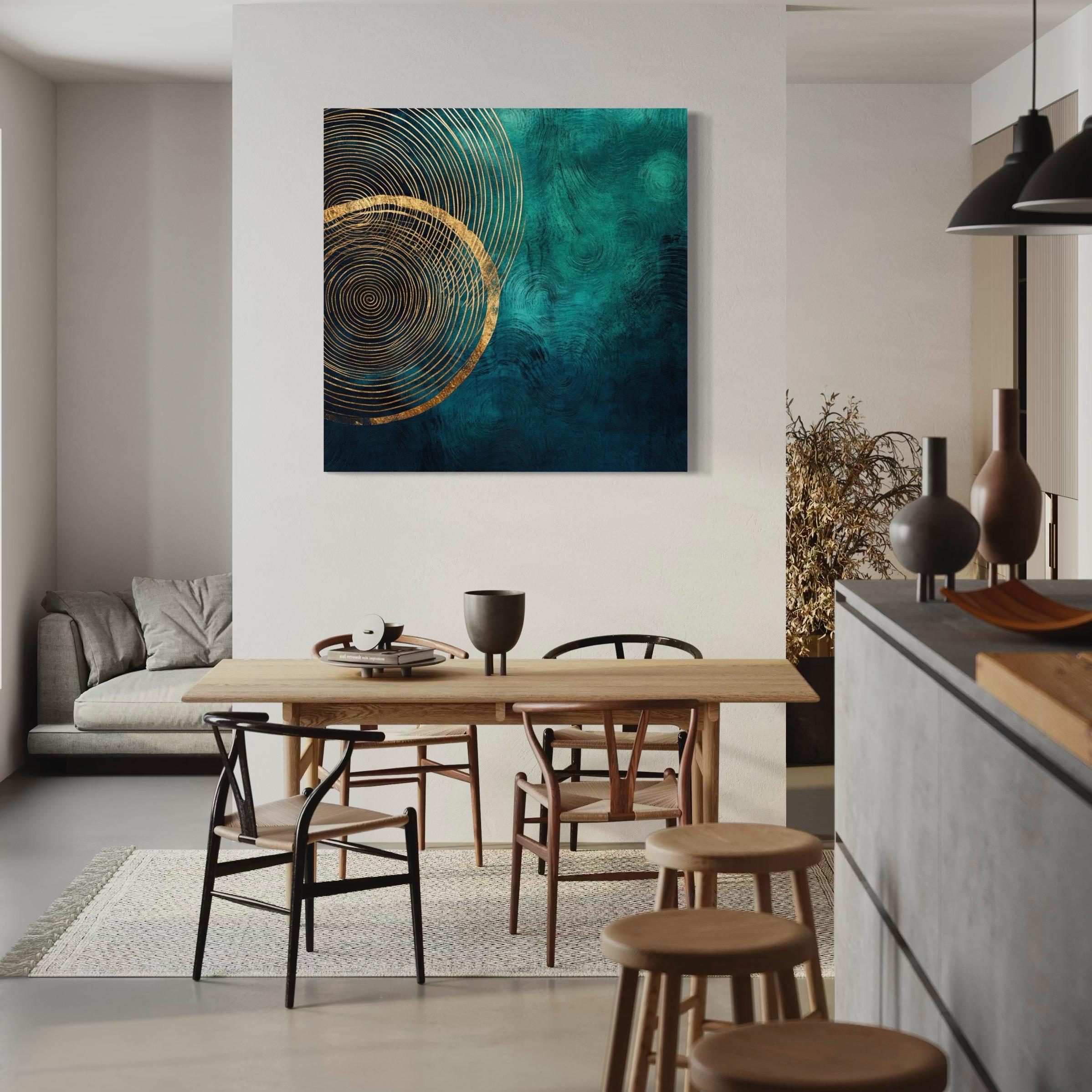 Abstract emerald teal design with concentric tree-ring lines in deep navy and gold accents, plus a small sprig detail view