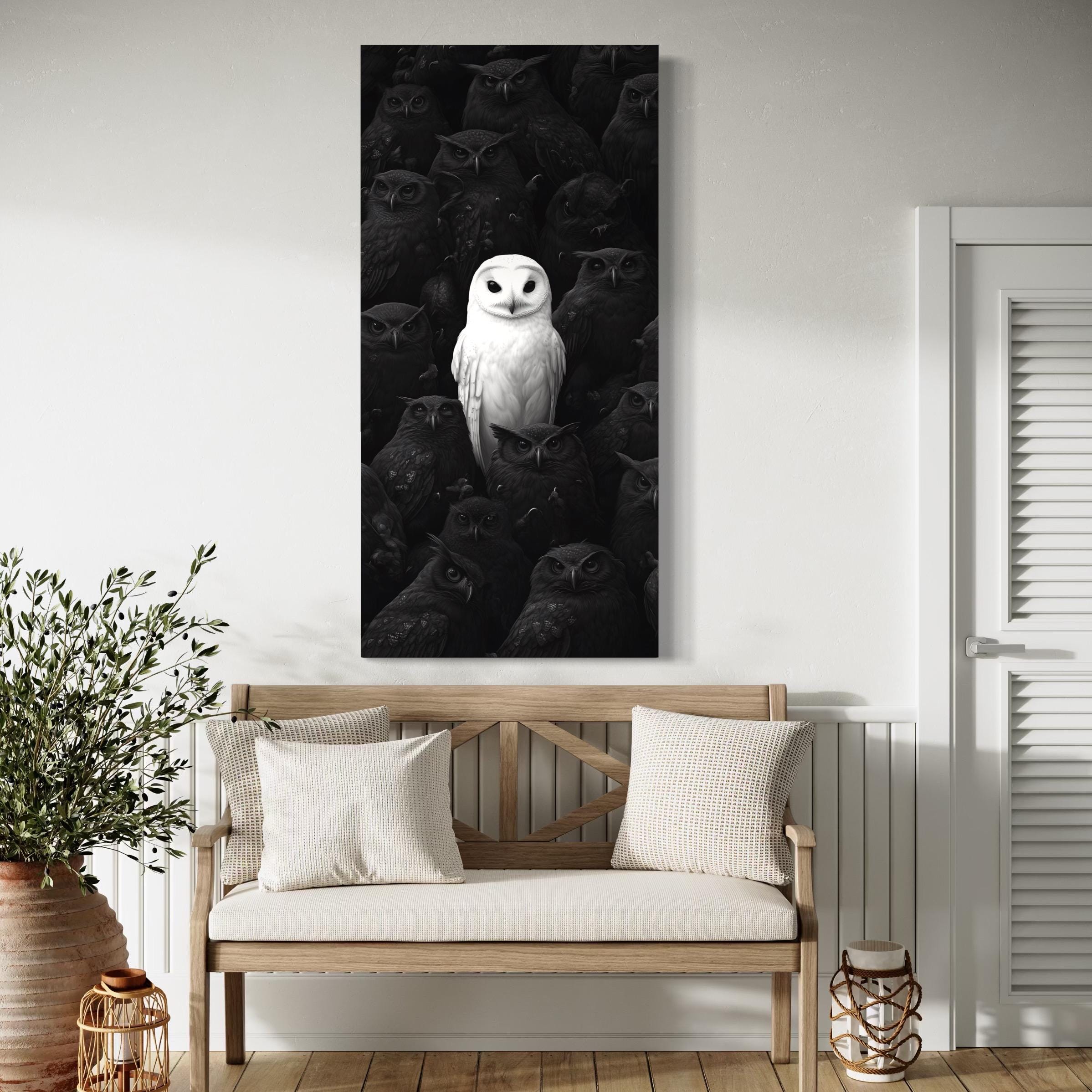 White and black owl wall art placed on a wall in a modern room mockup