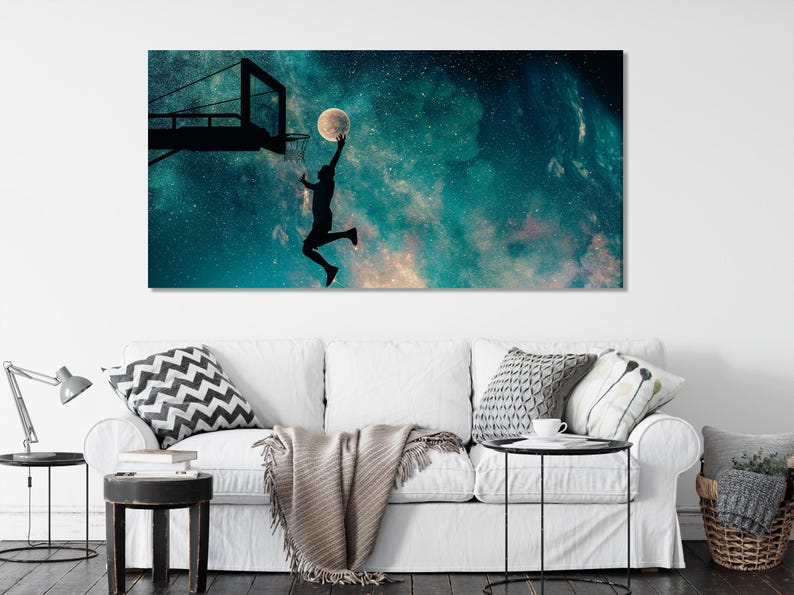 Moonlit basketball dunk scene with a silhouetted player near a hoop against a starry teal night sky