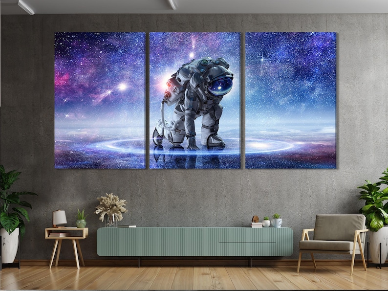 Three-panel space artwork with an astronaut standing in a starry galaxy with glowing purple-blue horizon