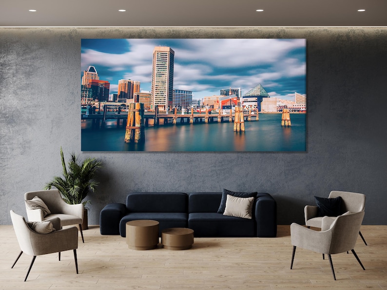 Waterfront cityscape with modern high-rise buildings, harbour piers and reflections in calm water