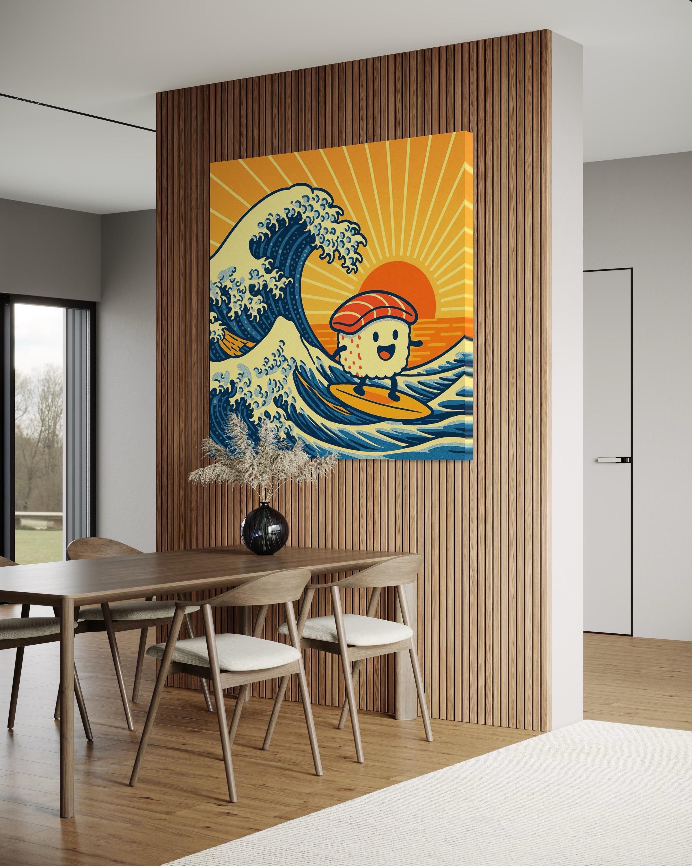 Artwork above a round table in a room setting