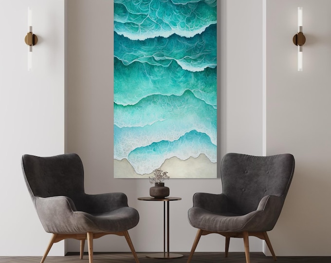 Ocean Wave Wall Art - Coastal Beach Canvas, Abstract Sea Foam Print, Abstract Seaside Decor, Large Turquoise Water Painting, Coastal Artwork