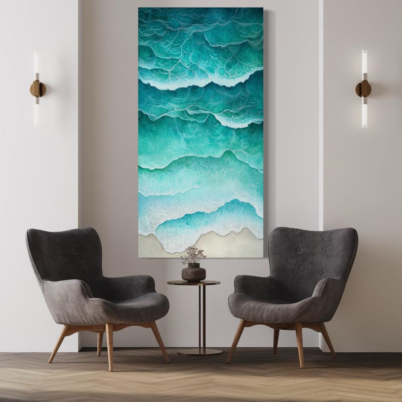 Abstract ocean waves in turquoise and teal with white foamy crests and a pale sandy base