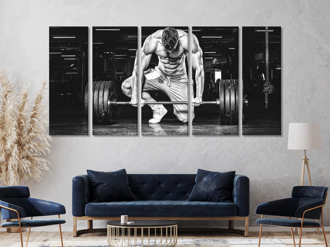 Black-and-white triptych showing a muscular lifter gripping a barbell in a gym detail view