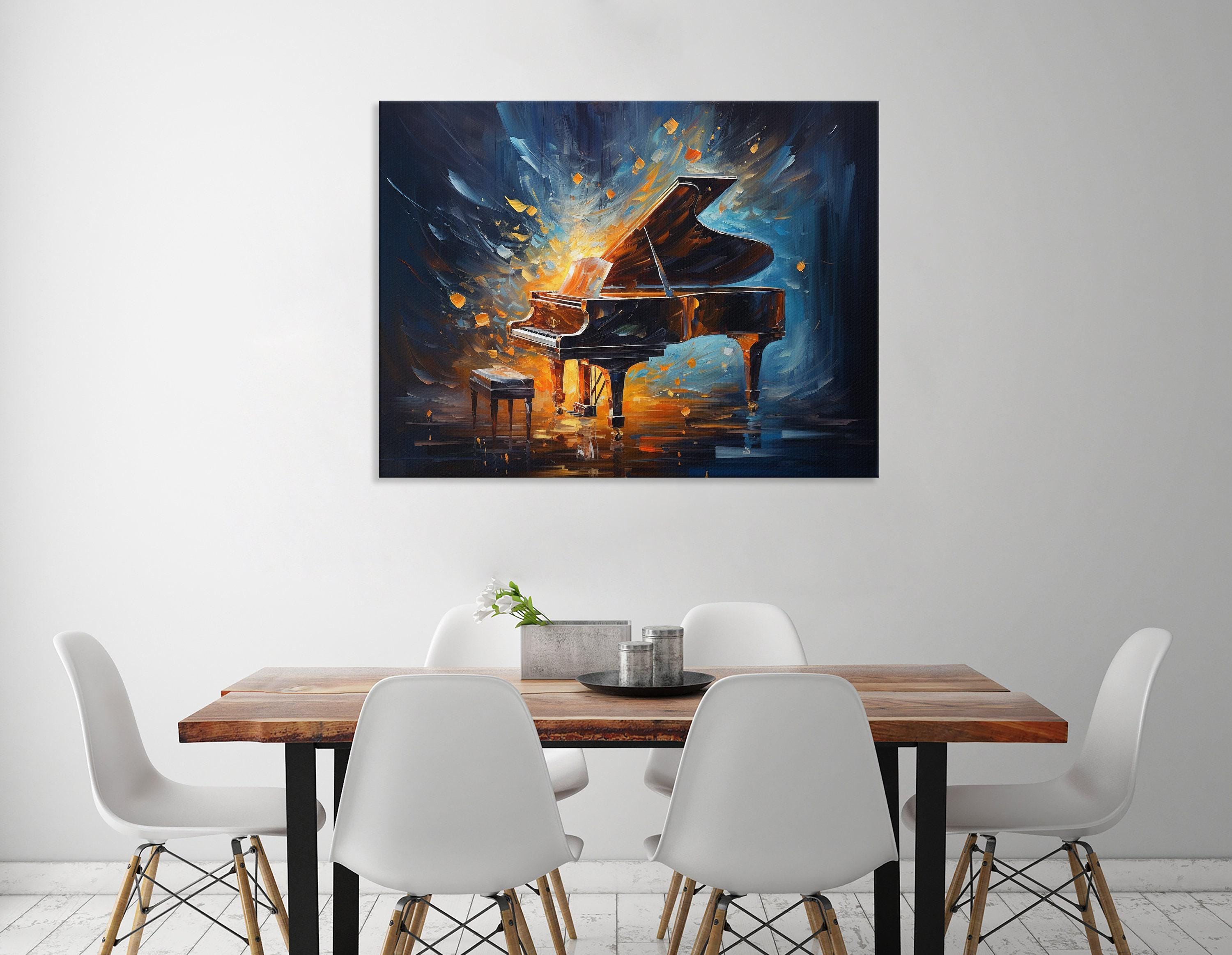 Dramatic grand piano artwork with amber glow and midnight blue flying fragments detail view