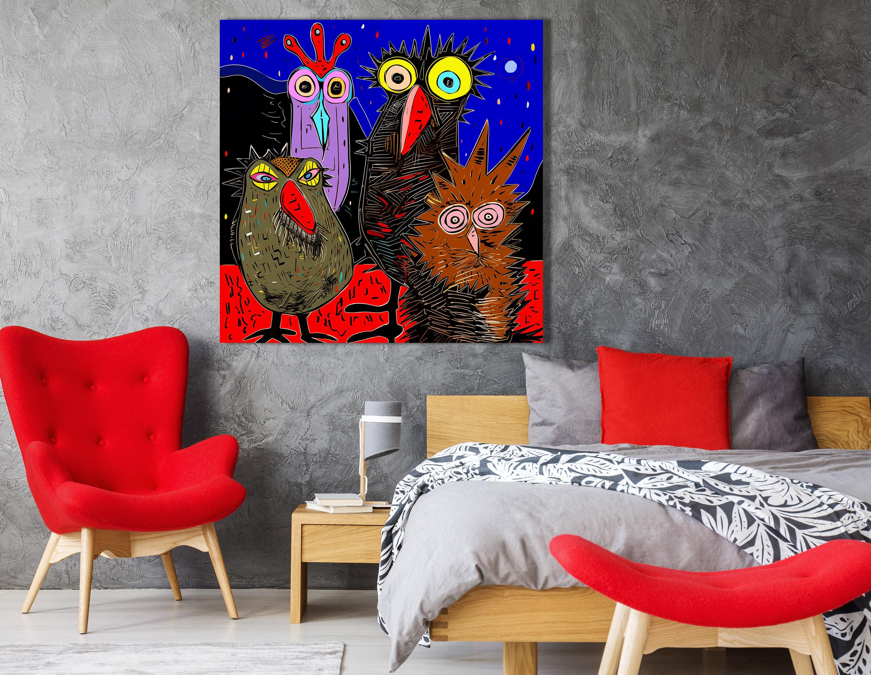 Colourful owl quartet illustration with oversized eyes on an electric blue rainy sky detail view