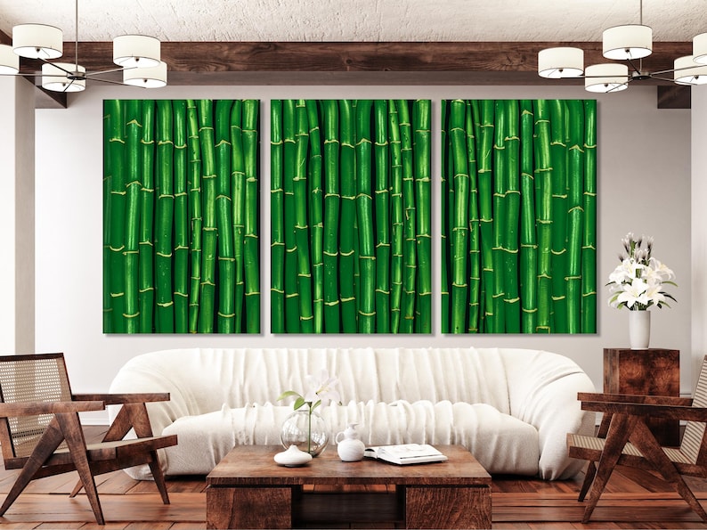 Triptych of vibrant green bamboo stalks with warm gold joint accents