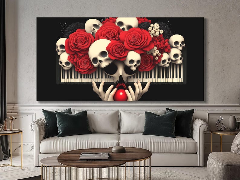 A gothic-style cluster of white skulls and red roses rests over a black-and-ivory piano keyboard backdrop with dark dramatic contrast