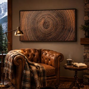 A tufted brown leather armchair draped with a plaid wool throw blanket, positioned beneath a large rectangular wall art piece featuring a detailed wood grain cross-section pattern with concentric rings in shades of brown and black.