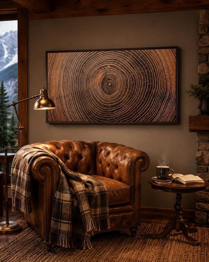 A tufted brown leather armchair draped with a plaid wool throw blanket, positioned beneath a large rectangular wall art piece featuring a detailed wood grain cross-section pattern with concentric rings in shades of brown and black.