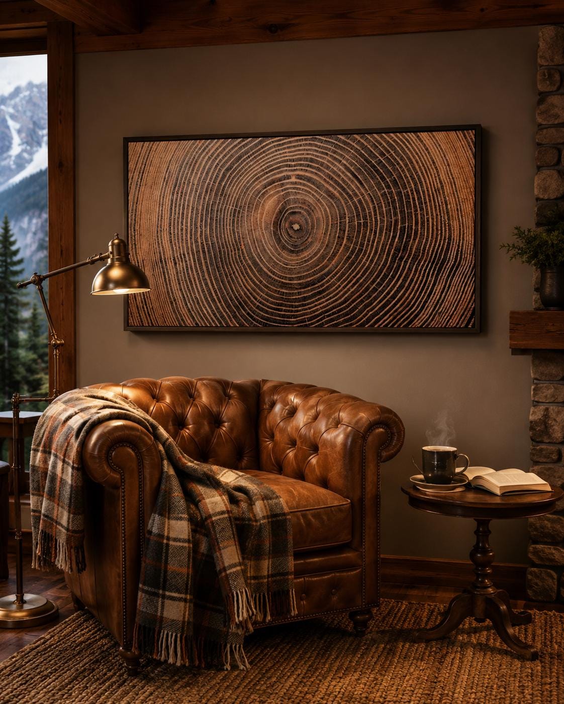 Room mockup showing a bed and a large framed wood-ring artwork above it