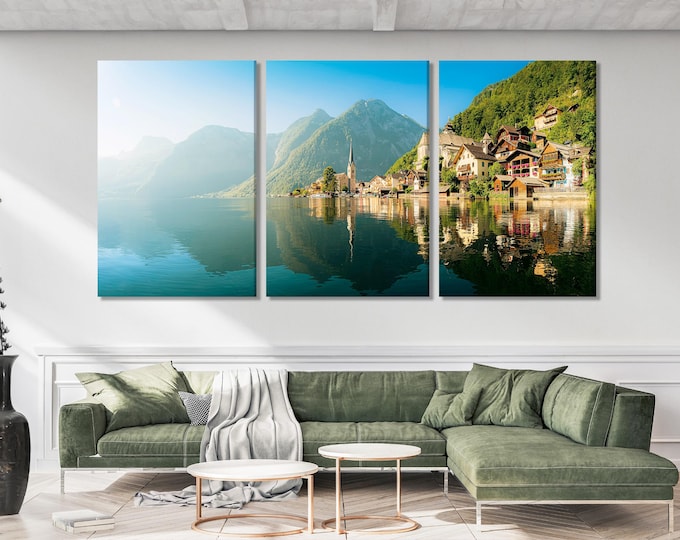 Hallstatt Austria Canvas Print, Large European Village Wall Art, Lake and Mountain Landscape Photography, Extra Large Travel-Inspired Decor